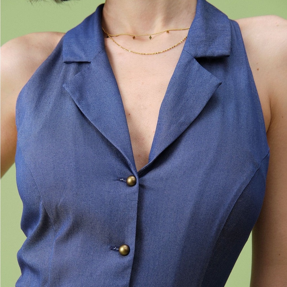 Rihoas Blue Lapel Tunic Sleeveless Midi Dress - Picture 3 of 10